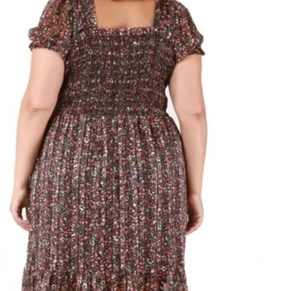 NWT Dex Tinsley Smocked BOHO Black Pink Gold Midi Dress Sheer Puff Sleeves, sz X - Picture 2 of 11